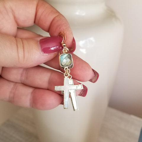 Labradorite and Mother of Pearl Cross Earrings, Lightweight Dangle Earrings