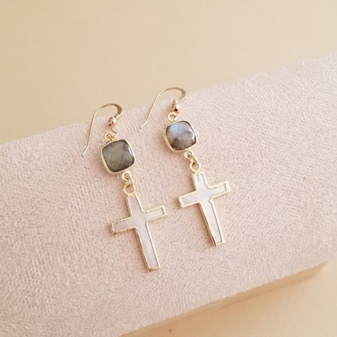 Labradorite and Mother of Pearl Cross Earrings, Lightweight Dangle Earrings, Gift for Her