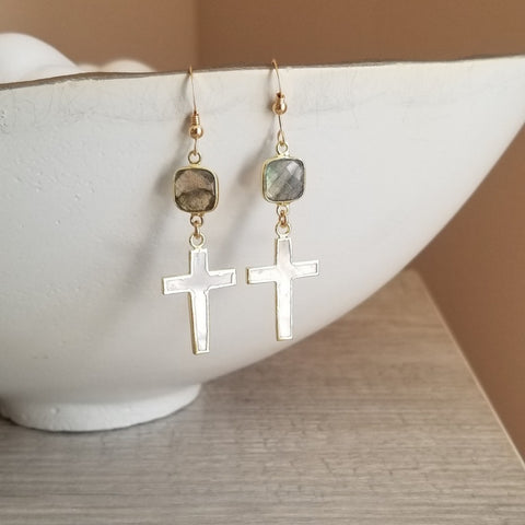 Labradorite and Mother of Pearl Cross Earrings, Lightweight Dangle Earrings