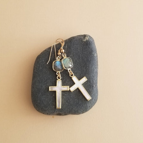 Labradorite and Mother of Pearl Cross Earrings, Lightweight Dangle Earrings