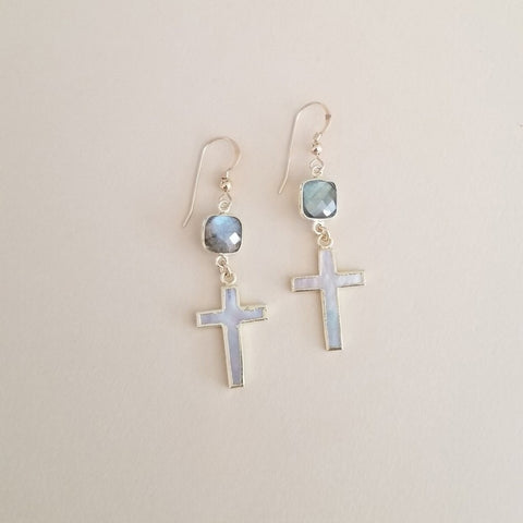 Labradorite and Mother of Pearl Cross Earrings, Lightweight Dangle Earrings