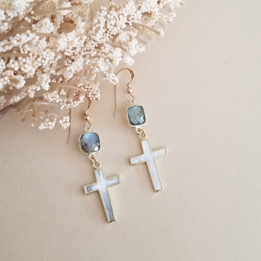 Labradorite and Mother of Pearl Cross Earrings, Lightweight Dangle Earrings