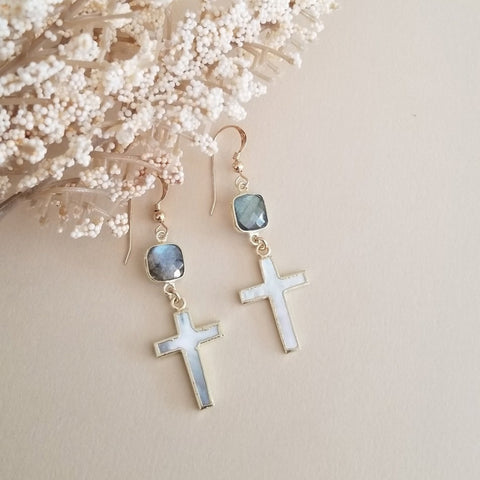 Labradorite and Mother of Pearl Cross Earrings, Lightweight Dangle Earrings