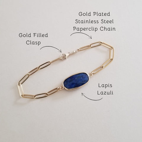 Gold Lapis Lazuli Bracelet, Stainless Steel Waterproof Jewelry