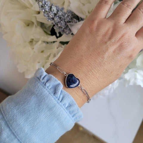 Lapis Lazuli Heart Bracelet, Stainless Steel Paperclip Chain Silver or Gold