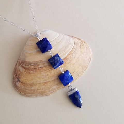 Long Lapis Lazuli Pendant Necklace, Handmade Bohemian Long Gemstone Pendant Necklace