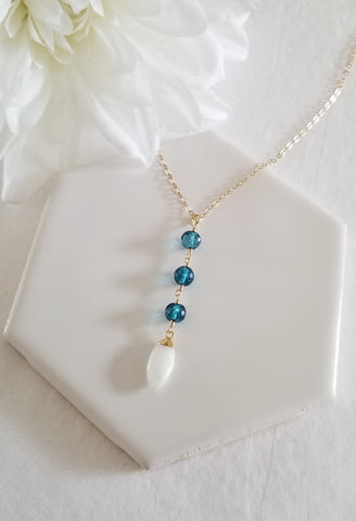 London Blue Topaz and Moonstone Y Necklace, Long Gemstone Pendant Necklace