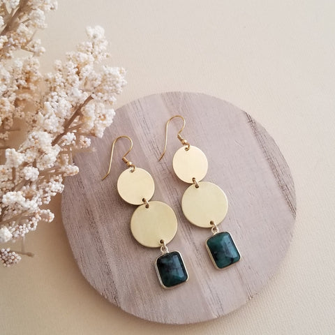 Emerald Earrings, Long Gemstone Earrings, Natural Emerald Dangle Earrings, Handmade Raw Brass Drop Earrings