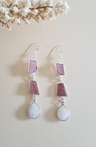 Moonstone Earrings, Strawberry Quartz Dangle Earrings, Long Gemstone Earrings, Statement Earrings, Gem Drop Earrings, Pink Stone Earrings, Long Bohemian Earrings