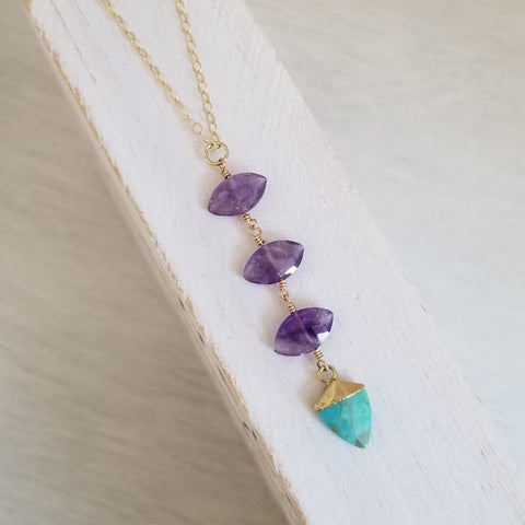 Amethyst and Turquoise Center Drop Necklace, Long Gemstone Pendant Necklace