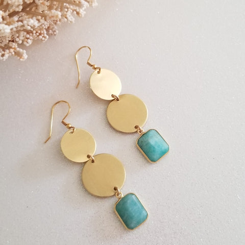 Amazonite Earrings, Raw Brass Gemstone Earrings, Long Amazonite Earrings