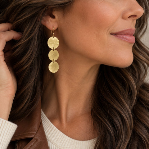 Long Hammered Gold Coin Dangle Earrings