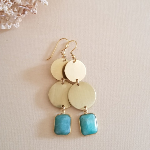 Amazonite Earrings, Raw Brass Gemstone Earrings, Long Amazonite Earrings