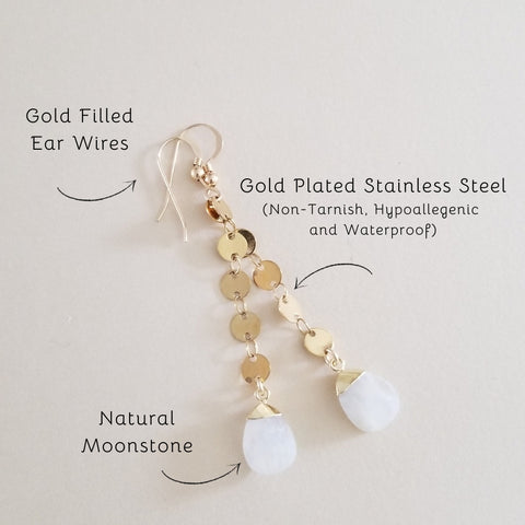 Long Gold Moonstone or Aquamarine Dangle Earrings, Modern Chain Earrings, Waterproof Jewelry