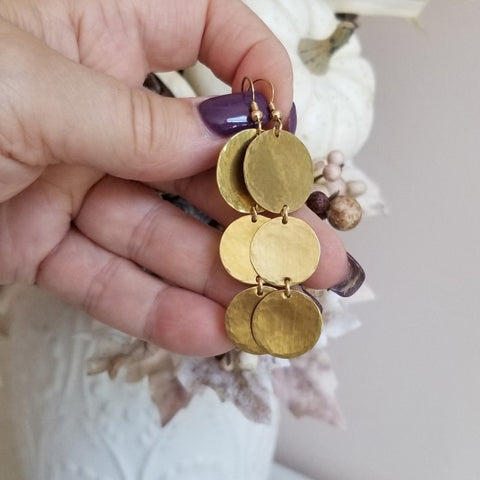 Long Hammered Gold Coin Dangle Earrings