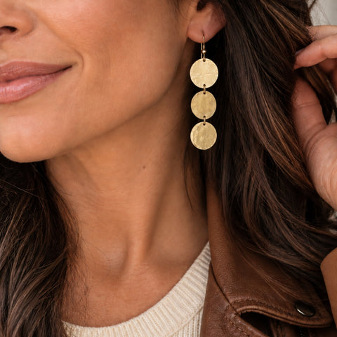 Long Hammered Gold Coin Dangle Earrings
