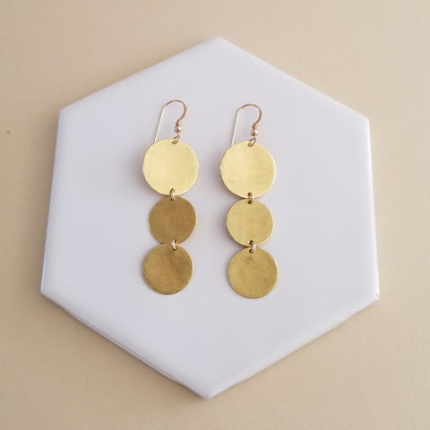 Long Hammered Gold Coin Dangle Earrings