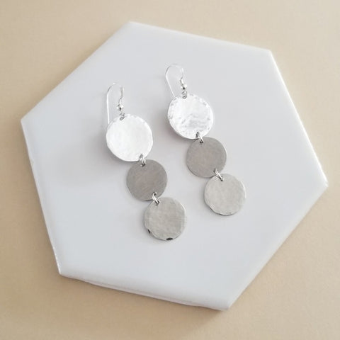 Long Hammered Silver Coin Dangle Earrings, Lightweight Statement Earrings