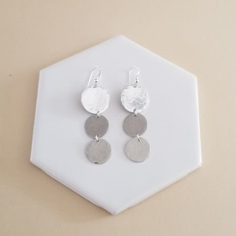 Long Hammered Silver Coin Dangle Earrings, Lightweight Statement Earrings, Gift for Her