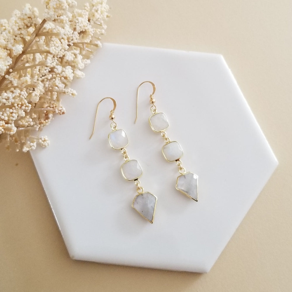 Handmade Long Gold Moonstone Earrings, Gemstone Statement Earrings