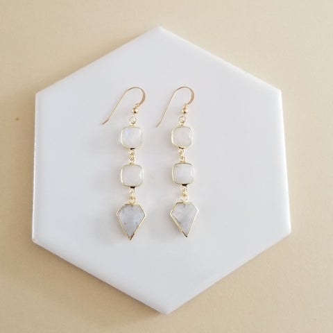 Long Gold Moonstone Earrings, Gemstone Statement Earrings