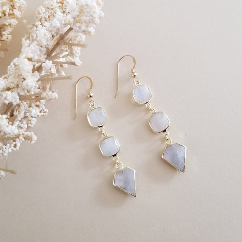 Long Gold Moonstone Earrings, Gemstone Statement Earrings, Gift for Her