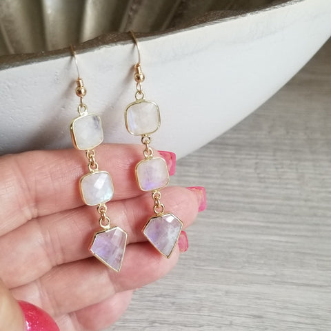 Long Gold Moonstone Earrings, Gemstone Statement Earrings