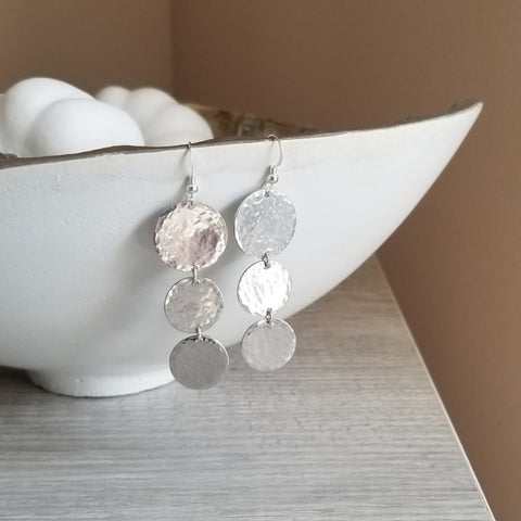 Long Hammered Silver Coin Dangle Earrings, Lightweight Statement Earrings