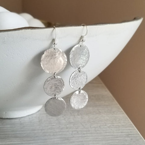 Long Hammered Silver Coin Dangle Earrings, Lightweight Statement Earrings