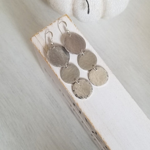 Handmade Long Hammered Silver Coin Dangle Earrings, Lightweight Statement Earrings