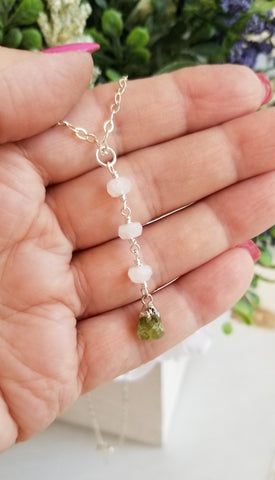 Raw Peridot and Moonstone Y Necklace, Silver or Gold