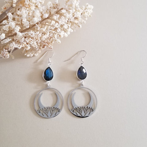 Labradorite Earrings, Boho Lotus Moon Dangle Earrings