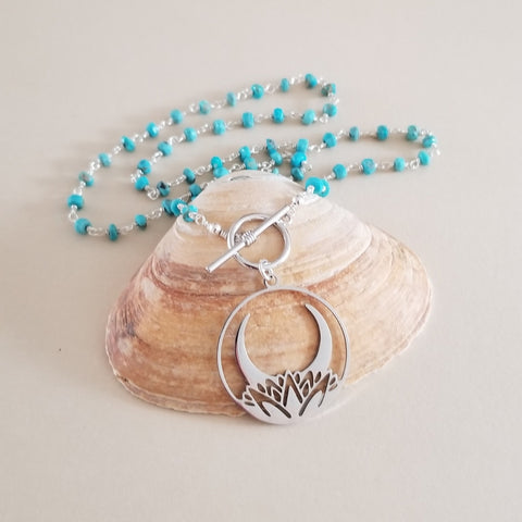 Beaded Turquoise Necklace with Lotus Moon Pendant, Modern Front Toggle, Boho Turquoise Jewelry