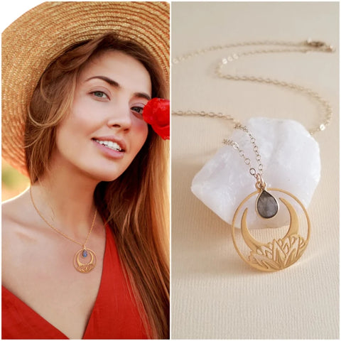 Bohemian Lotus Moon Labradorite Pendant Necklace