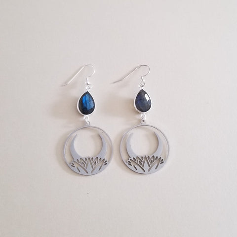 Labradorite Earrings, Boho Lotus Moon Dangle Earrings