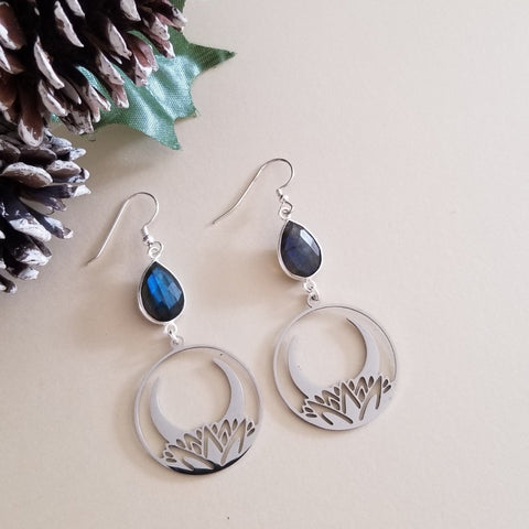 Labradorite Earrings, Boho Lotus Moon Dangle Earrings, Celestial Style Jewelry