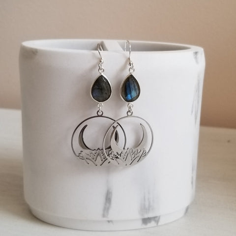 Labradorite Earrings, Boho Lotus Moon Dangle Earrings, Gift for Her
