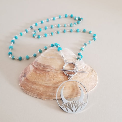 Beaded Turquoise Necklace with Lotus Moon Pendant, Modern Front Toggle, Boho Turquoise Jewelry