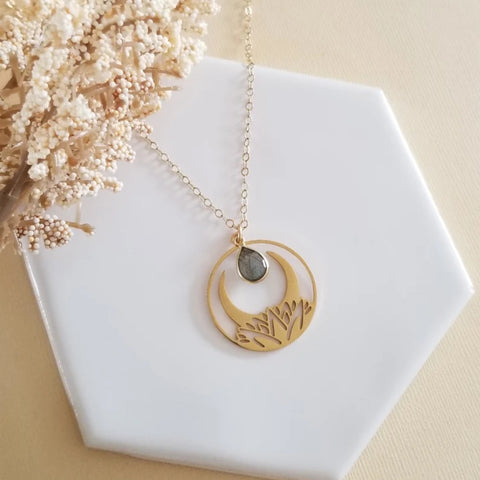 Labradorite Necklace, Boho Moon Necklace, Crescent Moon and Lotus Pendant Necklace, Bohemian Jewelry, Long Stone Necklace, New Beginnings