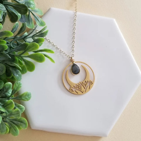 Bohemian Lotus Moon Labradorite Pendant Necklace