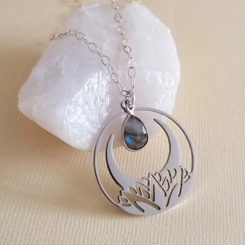 Bohemian Lotus Moon Labradorite Pendant Necklace, Silver or Gold, Boho Pendant Necklace, Handmade Bohemian Jewelry