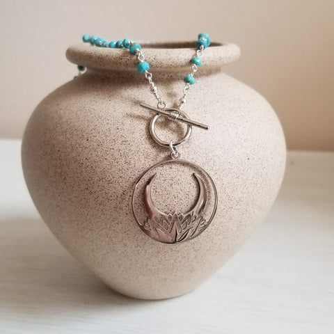Beaded Turquoise Necklace with Lotus Moon Pendant, Modern Front Toggle, Boho Turquoise Jewelry