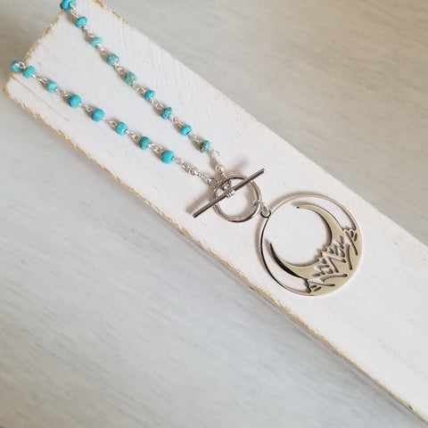 Beaded Turquoise Necklace with Lotus Moon Pendant, Modern Front Toggle, Handmade Boho Turquoise Jewelry, Gift for Her