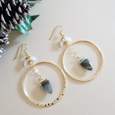Moon Magic Labradorite Gold Hoop Earrings, Bohemian Statement Earrings