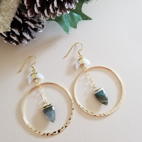 Labradorite Crystal Earrings, Crescent Moon Gemstone Gold Hoop Earrings, Bohemian Hoops, Statement Earrings, Gift for Her