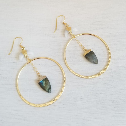 Moon Magic Labradorite Gold Hoop Earrings, Bohemian Statement Earrings