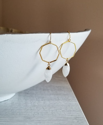 Geometric Earrings, Moonstone Dangling Earrings, Gemstone Statement Earrings, Gift for Her