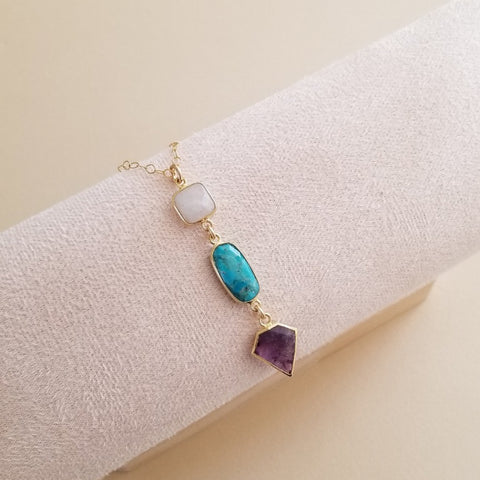 Moonstone Turquoise and Amethyst Necklace, Long Gemstone Pendant Necklace