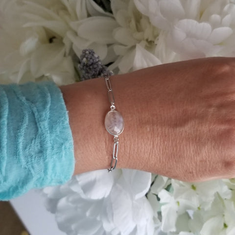 Moonstone Bracelet, Stainless Steel Paperclip Chain Bracelet