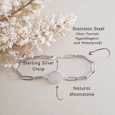 Moonstone Bracelet, Stainless Steel Paperclip Chain Bracelet